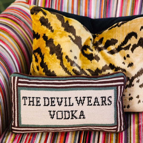 Furbish Devil Wears Vodka Needlepoint Pillow