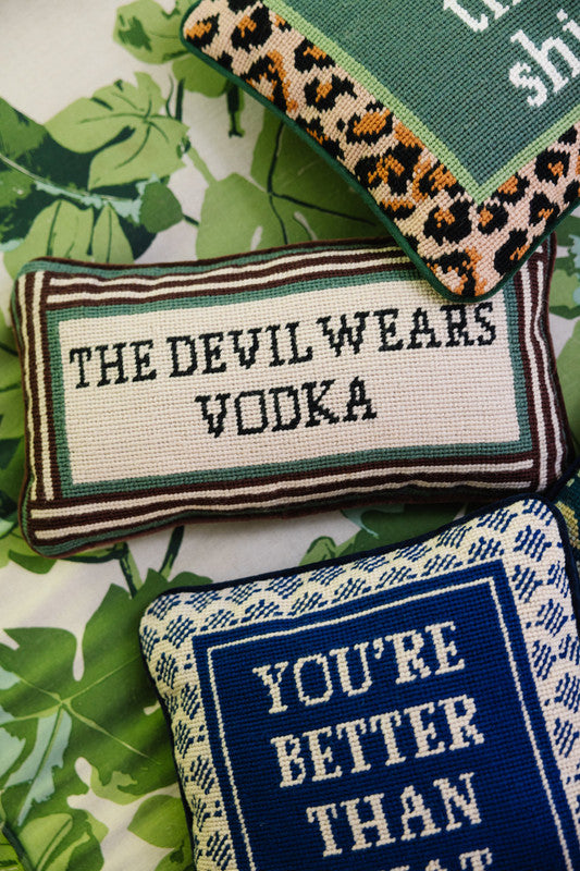 Furbish Devil Wears Vodka Needlepoint Pillow