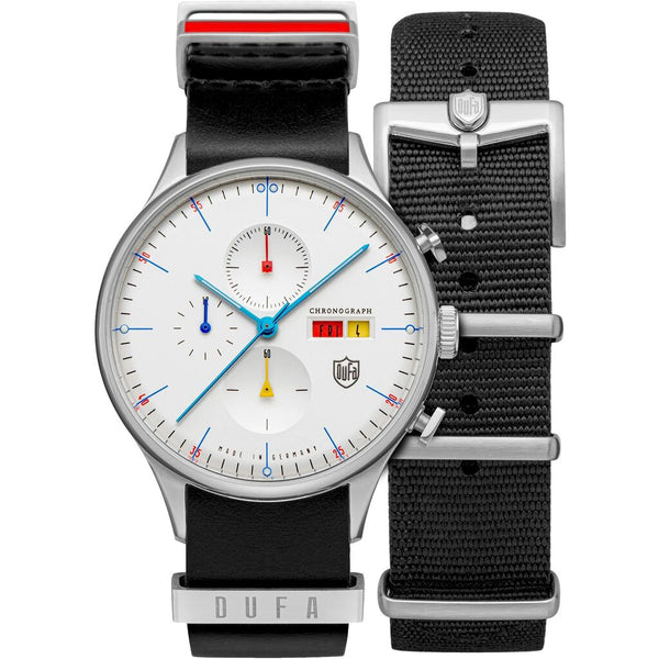 DuFa VAN DER ROHE BARCELONA Chrono Watch | Stainless Steel White Dial Black Band