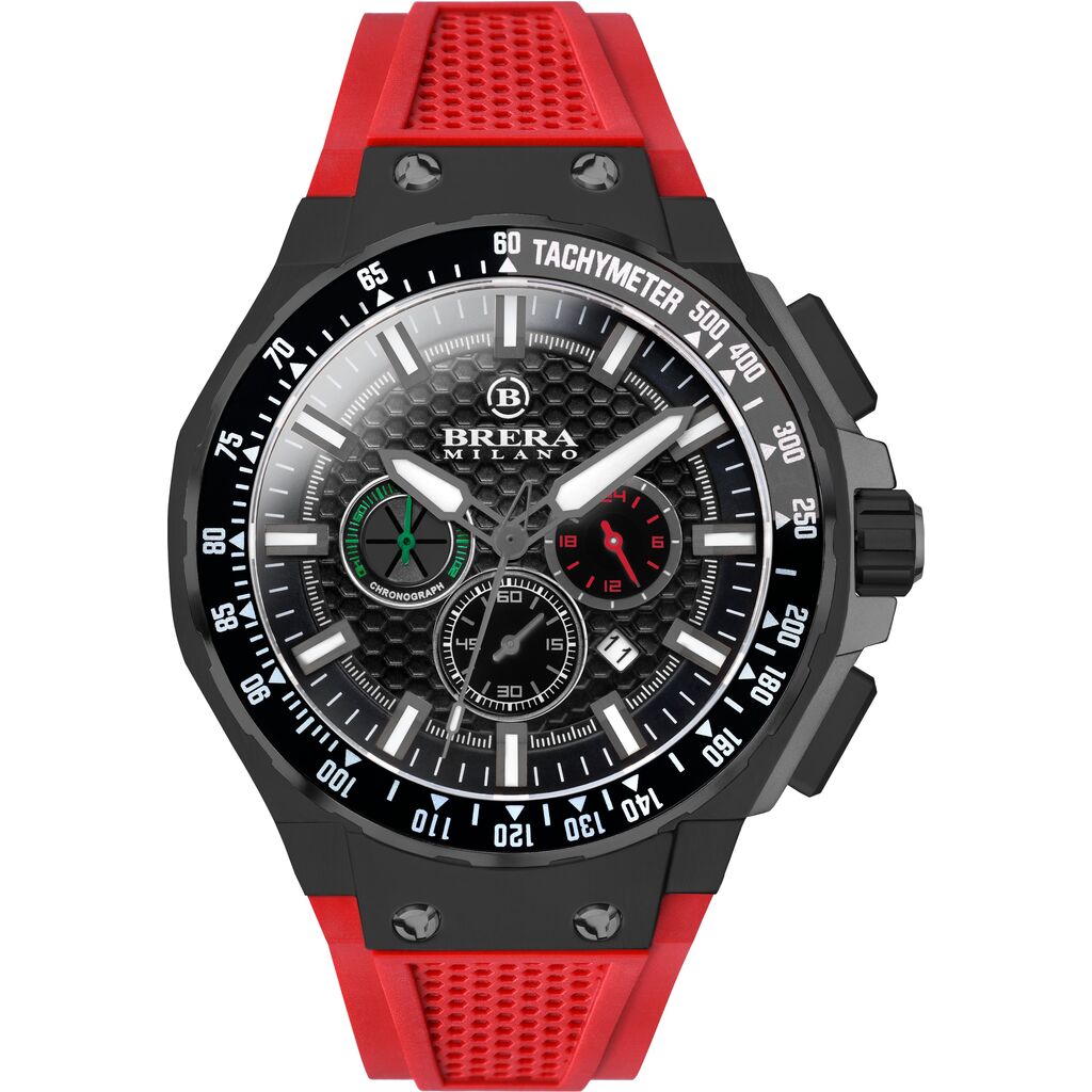 Brera Milano Granturismo Gt2 Chronograph Quartz Watch | Stainless  Steel/Black IP & Red Strap