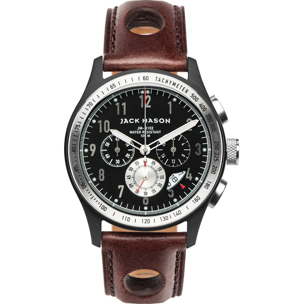 Jack Mason Black Racing Chronograph PVD Watch 42mm | Brown Leather