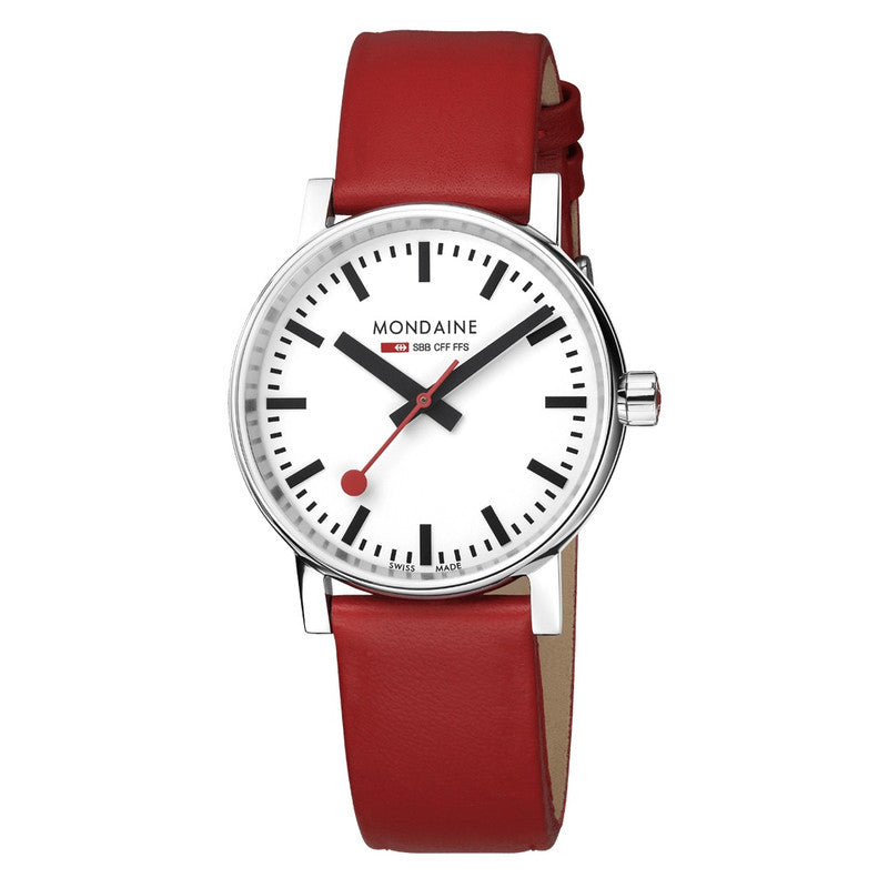 Mondaine evo2 Watch | 35 mm | Quartz movement | Vegan Grape Red Leather | White Dial