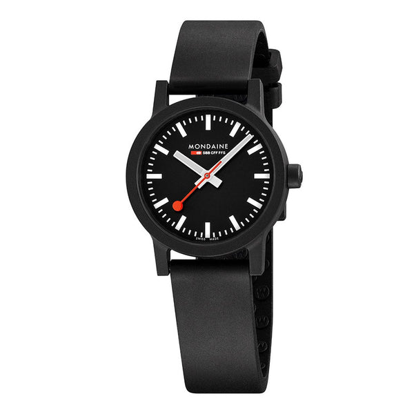 Mondaine SBB ESSENCE Black Dial watch | Black Rubber Textile, 32 mm