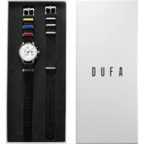 DuFa VAN DER ROHE BARCELONA Chrono Watch | Stainless Steel White Dial Black Band