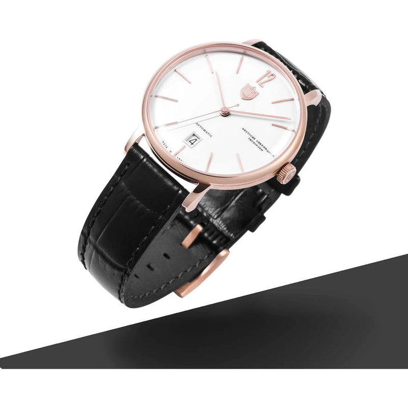 DuFa BREUER AUTOMATIC Ionic Plating 38mm Watch | Rose Gold White Dial Black Band