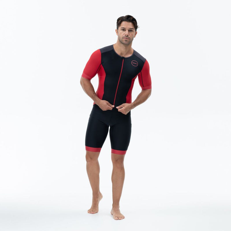 Zone3 Men's Aquaflo Plus Short Sleeve Full Zip Trisuit | Black/Red