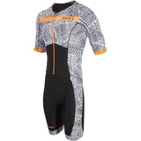 Zone3 Men's Activate Plus Kona Speed Short Sleeve Full Zip Trisuit | Black/White/Neon Orange