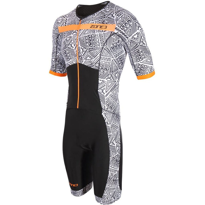 Zone3 Men's Activate Plus Kona Speed Short Sleeve Full Zip Trisuit | Black/White/Neon Orange