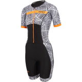 Zone3 Women's Activate Plus Kona Speed Short Sleeve Full Zip Trisuit | Black/White/Neon Orange