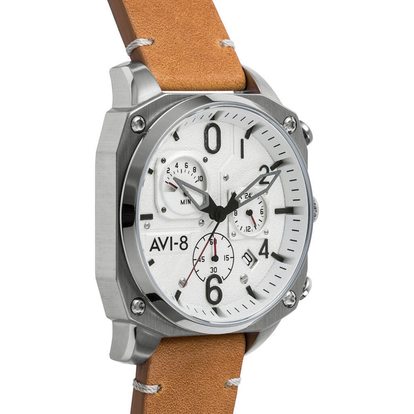 AVI-8 Hawker Hunter AV-4052-01 Chronograph White Watch | Brown Leather Strap