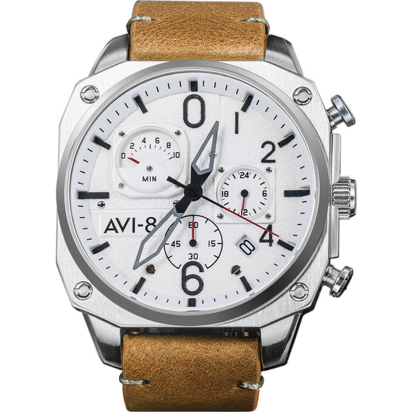 AVI-8 Hawker Hunter AV-4052-01 Chronograph White Watch | Brown Leather Strap