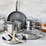 GreenPan Chatham Stainless Steel New Collection 12pc Set: 9.5" fry pan, 11" frypan, 1.5QT saucepan w/lid, 2QT saucepan w/lid, 3.58" saute pan w/lid, 6QT stock pot, 2 bamboo utensils + bonus sponge