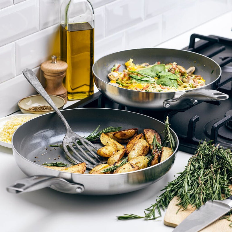 GreenPan Chatham Stainless Steel New Collection 12pc Set: 9.5" fry pan, 11" frypan, 1.5QT saucepan w/lid, 2QT saucepan w/lid, 3.58" saute pan w/lid, 6QT stock pot, 2 bamboo utensils + bonus sponge