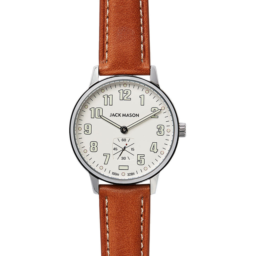 Jack Mason White Field Sub Second Stainless Steel Watch Tan Leather Sportique