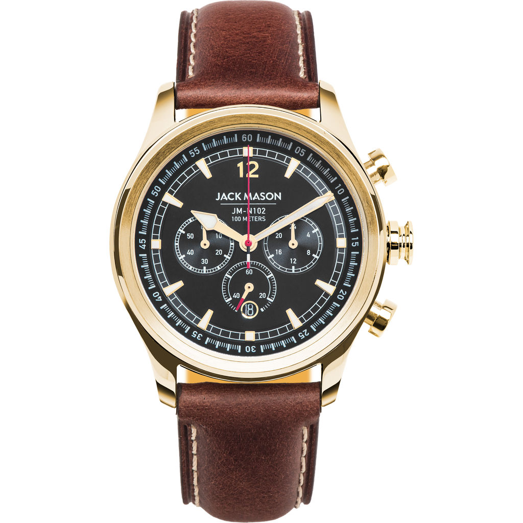 Jack Mason Black Nautical Chronograph Gold Watch 42mm Brown Leather ...