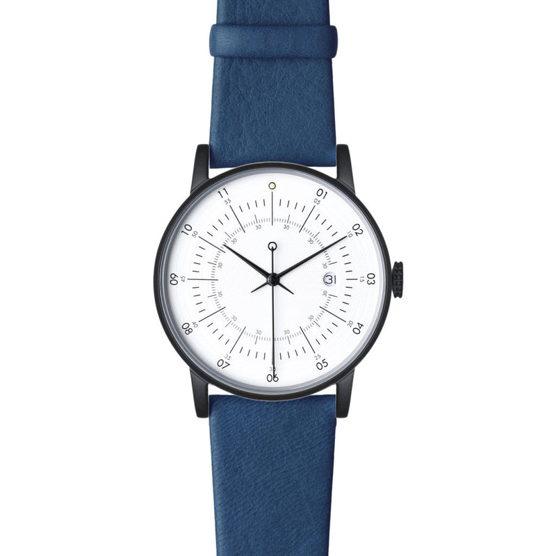 squarestreet SQ38 Plano Matte Black Stainless Steel Watch | Eggshell White/SWEDISH Blue Reindeer Leather  SQ38 PS-29