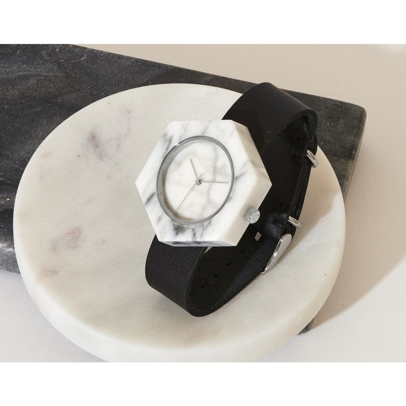 Analog Mason Genuine White Marble Hex Watch | Black Strap sb-wx